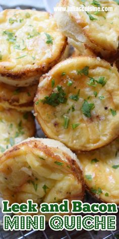 some food that is sitting on top of a metal rack with the words, teak and bacon mini quiche