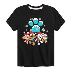 a black t - shirt with an image of paw patrol and snowflakes on it