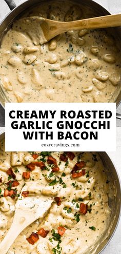 creamy roasted garlic gnocchi with bacon in a pan