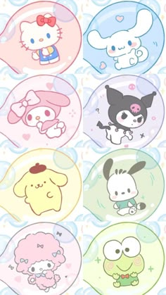 hello kitty stickers are in the shape of bubbles with cartoon characters on them,