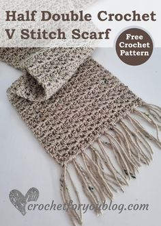 two crocheted scarfs with text that reads half double crochet v stitch scarf