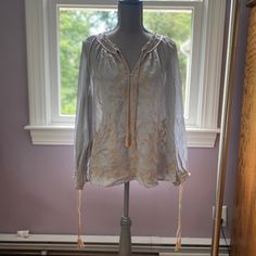 Embroidered Blouse. Light Grey (Size Large) Never Worn Brand New! Embroidered V-neck Top For Daywear, Spring V-neck Blouse With Embroidered Sleeves, Elegant Summer Top With Tonal Embroidery, Fitted Long Sleeve Tops With Tonal Embroidery, Chic Embroidered Daywear Blouse, Embroidered Long Sleeve Tops For Daywear, Casual Fitted Blouse With Intricate Embroidery, Long Sleeve Tops With Embroidered Sleeves For Daywear, Long Sleeve Embroidered Top For Spring Daywear