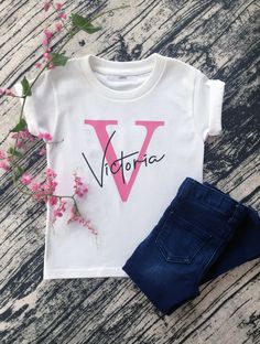 Custom Baby Kids Name Initial Personalized T-shirt, Kids Shirt, Toddler Kids Child Clothing, Personalised for Girls and Boys Personalised Clothing, Custom Made T Shirts, Cute Shirt Designs, Cricut Joy, Baby T Shirts, Personalized Clothes, Stylish Kids, Toddler Kids, Diy Shirt