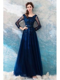 Dark Navy Blue Beaded Lace Long Prom Dress Tulle With Long Sleeves Blue Formal Dress Long, Prom Dresses Lace Sleeves, Lace Evening Dress Long, Blue Lace Prom Dress, Navy Blue Long Dress, Prom Dresses Long Blue, Neon Prom Dresses, Navy Blue Prom Dresses, Prom Dresses Long Lace