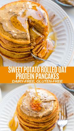 sweet potato rolled oat protein pancakes with dairy - free glutenfree syrup