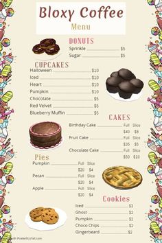 a menu with different types of desserts and pastries on the front, along with prices for each item