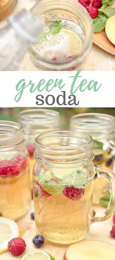 green tea soda with raspberries and lemons in mason jars