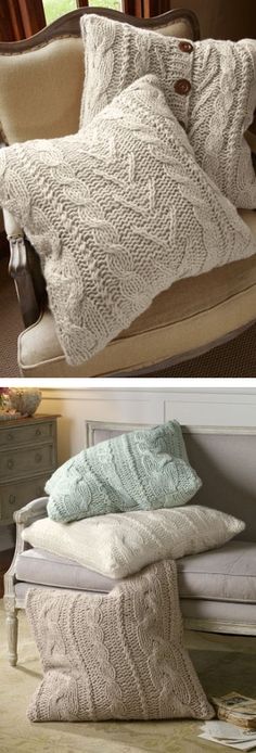 Chunky Cable Knit Pillows ❤︎ #DIY Pillow Ikea, Knitting Pillow, Knitting Patterns Free Dog, Pillows Diy, Diy Knit, Sweater Pillow, Pillows Decorative Diy, Diy Sweater, Knit Pillow