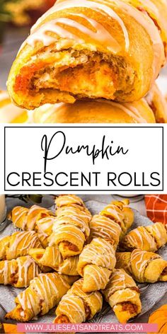 pumpkin crescent rolls with cinnamon glaze on top and the title overlay reads, pumpkin crescent rolls