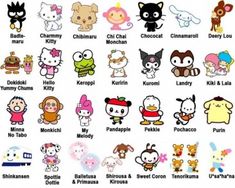 an image of many different cartoon characters on a white background with the words hello kitty written in