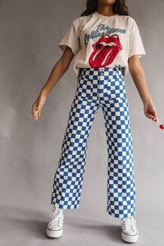 NEW ARRIVALS Colorful Pants Aesthetic, Groovy Clothes Outfits, Fun Trousers Outfit, Funky Outfit Inspiration, Wide Leg Checkered Pants Outfit, French Themed Outfit, Fun Clothing Styles, Creative Aesthetic Outfit, Fun Jeans Outfit