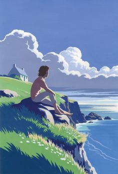 a painting of a man sitting on top of a cliff overlooking the ocean with clouds in the sky