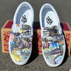 Custom Slip On Vans with a sticker collage design of various national park stickers! We buy each pair of shoes BRAND NEW from the Vans retail store. Each pair is made to order, please make sure you put in the correct shoe size before you check out. The ink is permanent and will never come off, fade away, or peel off. Made in the USA. This price includes everything: shoes, artwork, and shipping. Thanks for stopping by our Etsy shop! Please message us with any questions! Because the artwork is custom made for you, there are no exchanges or returns. If you have any issues with your order, please feel free to reach out to us and we will be more than glad to help you! Sizes listed are in US sizing scale. Please note that colors of actual item may slightly differ from what you see on your screen Custom Slip On Vans, Shoes Artwork, Post Malone Concert, Sticker Collage, White Slip On Vans, Vans Slip On Shoes, National Park Gifts, Slip On Vans, Custom Kicks