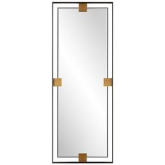 a tall mirror with gold trimmings on the edges and an open rectangular frame