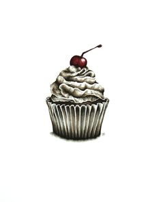 a cupcake with white frosting and a cherry on top, sitting in front of a white background