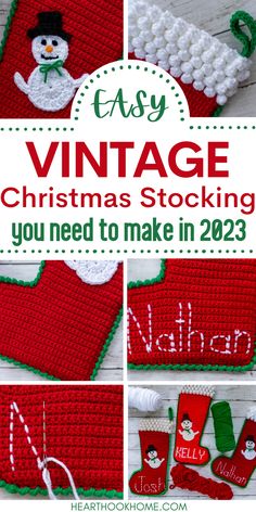 crochet christmas stocking with the words easy vintage on it and an image of a