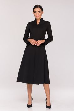 Cocktail Long Sleeve Black Women's Dress Fit and Flare - Etsy Fit And Flare A-line Midi Dress For Work, Formal Stretch Solid Color Dresses, Fall A-line Midi Dress With Pleated Sleeves, Pleated Midi Dress For Fall, Fall Pleated Solid Midi Dress, Fitted Long Sleeve Formal Dress, Formal Fitted Long Sleeve Dress, Fitted Long Sleeve Dress For Formal Occasions, Classic Long Sleeve Midi Dress