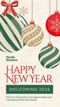 a poster for the studio show happy new year with ornaments hanging from strings and snowflakes