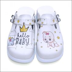 -High sole sabo slippers (4 cm heel) -Main color is white -Harmless printing ink -Lightened bottom sole -It is a complete mold - Handmade - So lightweight Baby Shower Shoes, Nurse Clogs, Hallo Baby, High Heel Clogs, Nursing Clogs, Shower Shoes, Clogs And Mules, Clog Heels, Hello Baby