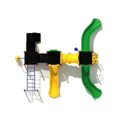 a play set with a slide and climbing frame on the wall, next to a ladder