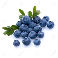 blueberries with green leaves on white background