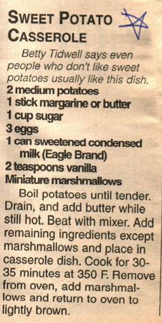 the recipe for sweet potato casserole is shown in an old newspaper article about how to make it