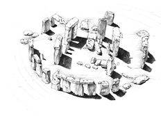 a drawing of an ancient structure with columns and pillars in the center, surrounded by rocks