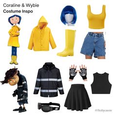 the costume and wigs are featured in this image, including boots, jackets, skirts, shorts, sweaters