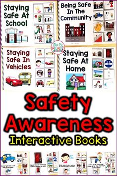 the safety awareness interactive book for children with pictures and words on it, including an image of