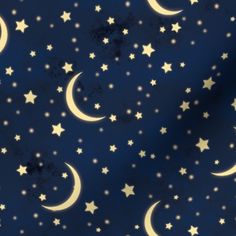 the night sky with stars and crescents is shown in shades of blue, yellow and white