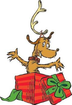 a cartoon dog sitting on top of a present box