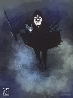 a person with a mask holding a knife in their hand and wearing a black cloak