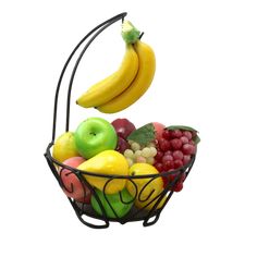 a fruit basket with bananas, apples, grapes, and kiwis in it