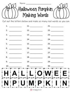 halloween pumpkin making words worksheet for kids to practice numbers and spelling the word