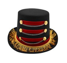 Nicky Bigs Novelties™  It's Circus time and you are the Ring Master! This season complete your look with this Deluxe Red and Black Ringmaster Top Hat. Perfect for Men, Women, and Teens! This deluxe Ring leader top hat is the perfect addition to your Circus themed party costume. The dark ring master hat has gold fringe accenting around the base of the hat, three red strips of velveteen fabric accented with gold buttons on either side, and silver chains dangle to complete the front look. The big top top hat is approximately 5.5 inches tall and includes a sweatband for a customized and comfortable fit. Sized about 52 cm - 58 cm in diameter or 20.4 inches - 23 inches, each circus hat is about 12.25 inches long and 10.5 inches wide. Great for Halloween, Cosplay, Theater, and more! One size fits Toy Soldier Costume, Lion Tamer Costume, Circus Ringmaster, Dark Ring, Ring Leader, Ring Master, Soldier Costume, Lion Tamer, Dark Rings