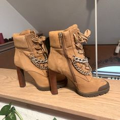 Never Worn Brown Ankle-high Heels With Padded Heel, Brown Heeled Boots With 4-inch Round Toe, Brown Heeled Boots With 4-inch Heel And Round Toe, Brown Ankle Boots With 4-inch Heel, Brown Ankle Boot Heels With 4-inch Heel, Brown 4-inch Heel Ankle Boots, Karl Lagerfeld Shoes, Shoes Heels Boots, Karl Lagerfeld