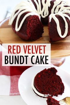 a red velvet bundt cake with white frosting