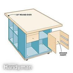 the drawing shows how to build a desk with drawers and shelves for each drawer, which is also labeled