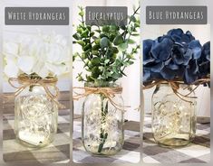 three mason jars with flowers in them are labeled blue hydrangeas and white hyacinas