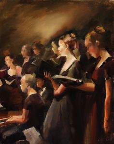 an oil painting of women singing in a choir