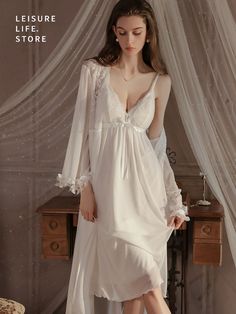 White Chic Embroidered Nightdress Padded Suspender Nightdress With Tulle RobeWhite Chic Embroidered Nightdress Padded Suspender Nightdress With Tulle Robe Sheer V-neck Sleep Dress, Long Sleeve Sheer Sleep Dress, Fitted Sheer Nightgown With Long Sleeves, Sheer V-neck Nightgown For Wedding Night, Fitted Lace Patchwork Sleepwear For Wedding Night, Sheer Spaghetti Strap Bedtime Dress, Nightwear Fashion, White Chic, Night Dress