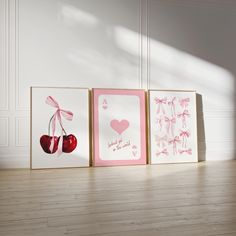 three framed pictures with hearts and cherries on them