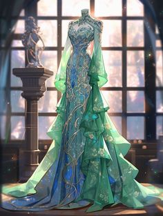 Fantasy Dresses, Fashion Drawing Dresses, Dress Design Sketches, Fashion Illustration Dresses, Elegant Drapes, Dress Sketches, Dress Drawing, Fantasy Gowns, Anime Dress