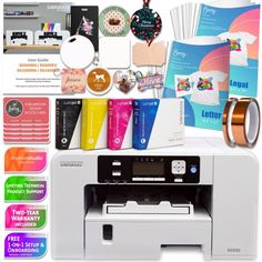 an image of a printer and other items for making cards or stickers on a white background