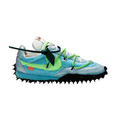 Find NIKE Off-white X Wmns Waffle Racer 'vivid Sky on Editorialist. Nike and Virgil Abloh’s Off-White extend their collaborative quest to reimagine the Wmns Waffle Racer as part of a three-sneaker pack fusing utility and retro track style. Introduced in December 2019, this women's edition carries a Vivid Sky upper shrouded in translucent textile, a trio of contrast Swooshes and neon cording traversing the laces. An updated logo is stitched to the tongue. Under a matching foam midsole, the iconic rubber Waffle outsole utilizes a racing spike motif.