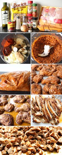 several different pictures of food being prepared on a stove