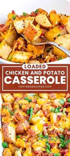 loaded chicken and potato casserole in a white bowl