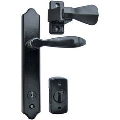 an image of a black door handle and latch on a white background with clippings