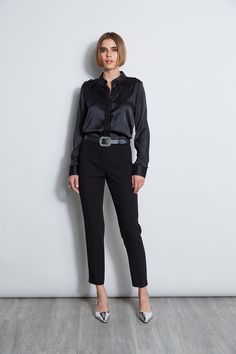 It's all in the details! All eyes are on the chiffon detailing that accents the neckline & placket of our Stretch Silk Satin Button Down Shirt. Dress it up or down with our denim for a fresh take on a must-have. Elie Tahari Exclusive Stretch Silk Satin Button Down Shirt with Chiffon Ruffle detailing 93% Silk, 7% Elastane Runs true to size. Model is 5'9" and wearing size S Length From Shoulder to Hem: Sleeve 32.5"L, Back 25"L (approx. length for size S) Dry Clean Only Imported Style #: E7053524 Tailored Button-up Blouse For Business Casual, Chic Semi-formal Blouse With Buttons, Chic Tailored Blouse For Semi-formal Occasions, Tailored Chic Semi-formal Blouse, Chic Tailored Semi-formal Blouse, Chic Tailored Tops For Night Out, Chic Business Casual Blouse With Button Cuffs, Tailored Blouse For Semi-formal Spring Occasions, Elegant Tops With Back Button Closure For Night Out