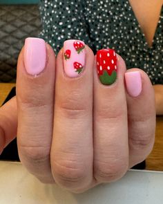 Strawberry Shortcake 🍰🍓 I think painting tiny fruits on peoples nails is my new favourite thing. Every set turns out so cute! And it’s nice to not be painting hundreds of tiny flowers every single day. Double tap if you’re a fan of the viral fruit nail art trend this summer ❤️ Using @bluesky_cosmetics ‘Too Cute! Too Girly!’, ‘Heart-Led Model’, ‘Everyday Chic’, and ‘White Perfect Fine Liner’. *Bluesky ~ Friend of the Brand* #blueskycosmetics #ilovebluesky #blueskyglobal #mytnl #efilemani... Hot Dog Nail Art, Simple Strawberry Nails, Strawberry Shortcake Nails, Dog Nail Art, Strawberry Nail Art, Strawberry Nails, Berry Nails, Fruit Nails, Fruit Nail